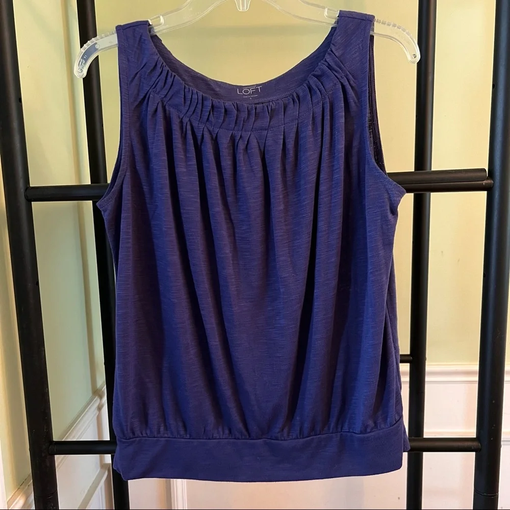 LOFT banded tank / sleeveless shell in sapphire blue with pleated neckline Small - Picture 1 of 4